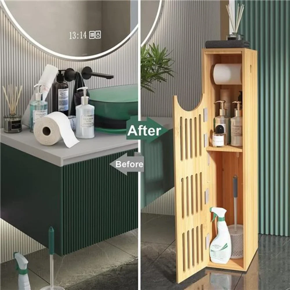 Small Bathroom Storage Cabinet Bamboo, Waterproof Coating, 33x7.3x6.5 Inches